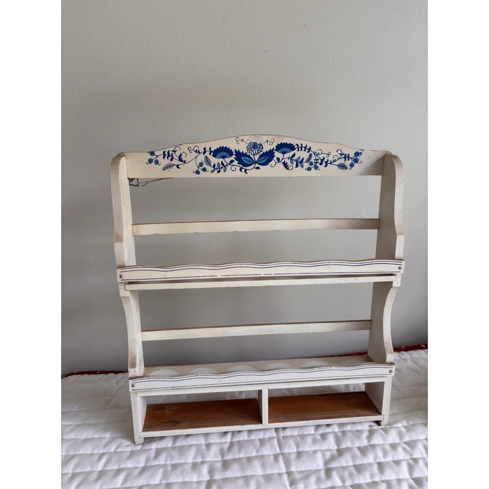 1950s Arnart Blue Onion Porcelain Spice Jars with Wooden Wall Rack & Drawers - Picture 2 of 16